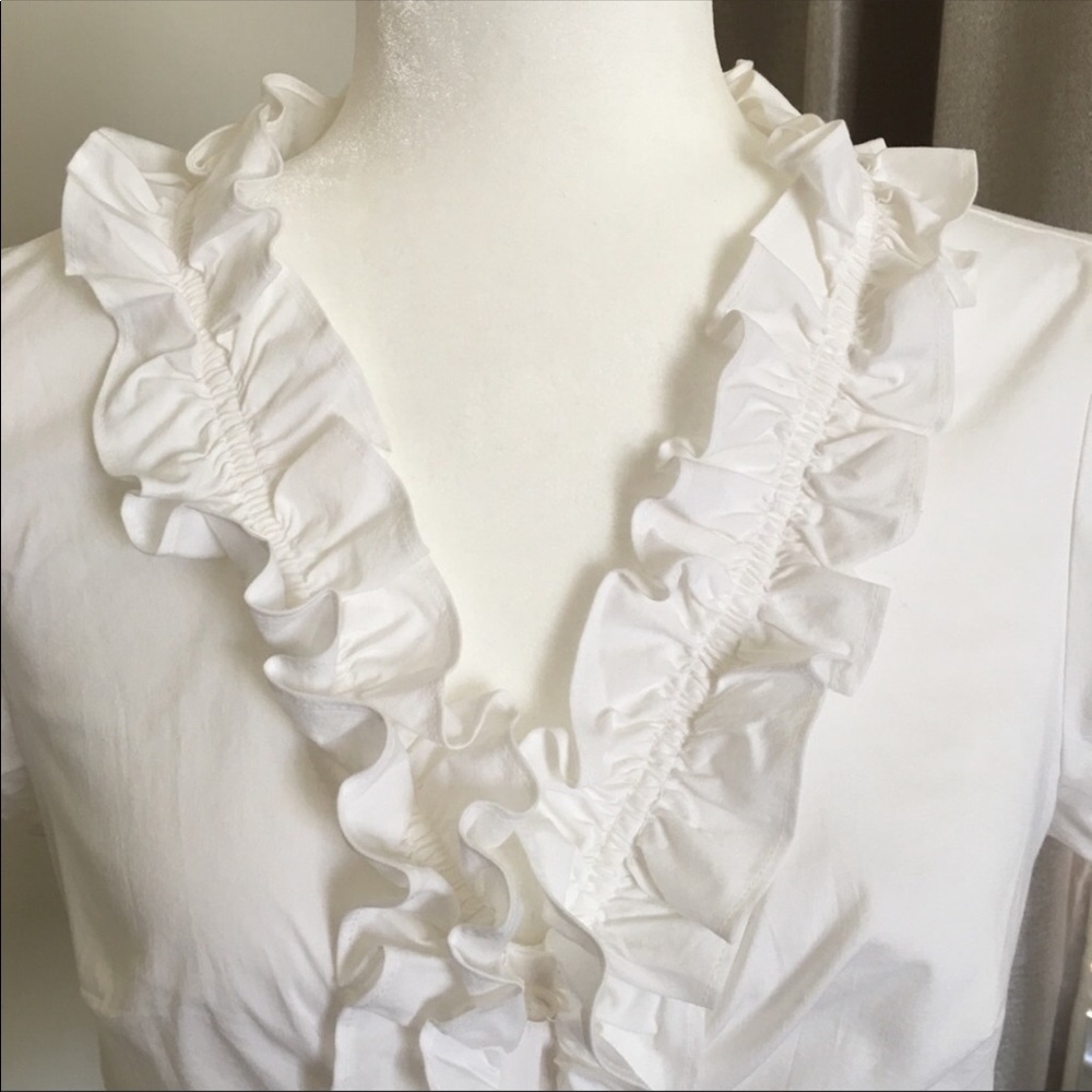 Ann Taylor Loft White Ruffle Button Down, Size 4. - image 2